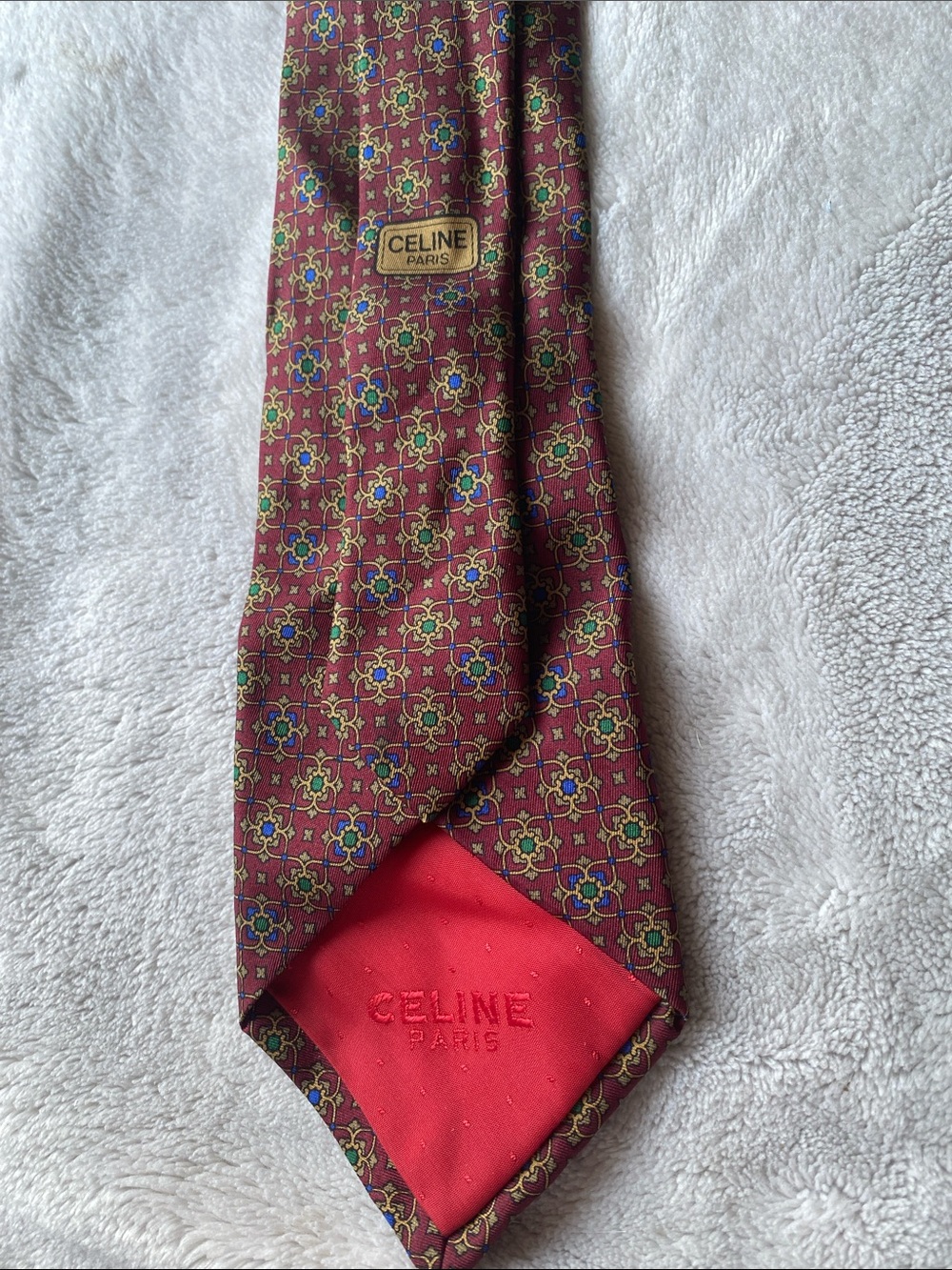 Celine Red Burgundy Silk Tie with Blue and Gold Motif